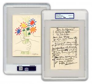 Autograph letter in French signed by Pablo Picasso, PSA/DNA graded GEM MT 10, on the reverse of a postcard depicting “Paix” [“Peace”], dated June 20, 1960 (est. $6,000-$8,000).