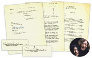 Contract signed by John Lennon and Yoko Ono Lennon, dated Sept. 11, 1975, relating to their production company Bag Productions, which they established in the 1960s (est. $5,000-$7,000).