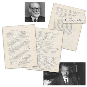 Three-page autograph letter in German signed by Albert Einstein, in which the scientist explores both his Unified Field Theory and General Relativity, and mentions Sigmund Freud (est. $40,000-$50,000).