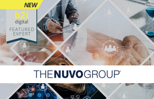 Collage of business professionals shaking hands and network diagrams, representing The Nuvo Group’s expertise in compliance, financial printing, and regulatory communication, with B2i Digital Featured Expert badge.