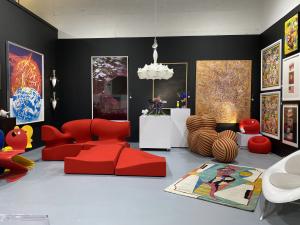 Room full of brightly colored furniture and art