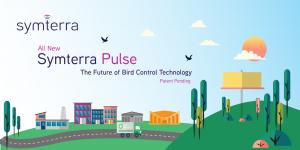 Symterra Pulse – The Future of Bird Control Technology. Image shows a cityscape with various commercial buildings, a billboard, and trees, highlighting Symterra Pulse’s humane bird control solutions for large properties such as factories, malls, and offic