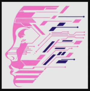 Stylized digital illustration of a woman's profile in pink, featuring circuit-like lines and patterns symbolizing technology and artificial intelligence