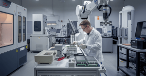 Advanced testing equipment inspecting electronic components under a microscope, representing counterfeit mitigation in the supply chain.