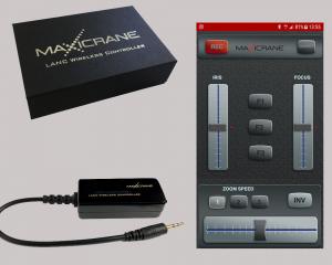 Maxicrane LANC Wireless Controller provides iPhone and Android smartphone control of select Sony, JVC and Canon camcorders