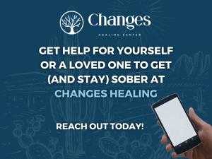 A logo and hand with mobile phone shows the concept of All calls to Changes Healing Center are confidential so clients can reach out in confidence to get options for recovery support