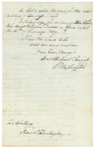 In a two-page letter dated October 3, 1789 and signed “Go: Washington”, America’s first president transmits the first Acts of Congress to Connecticut Governor Samuel Huntington.