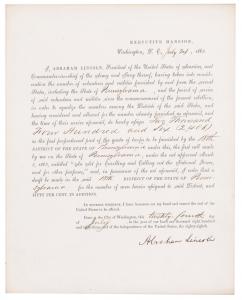 Document signed (as “Abraham Lincoln”) on July 24, 1863, just three weeks after the Battle of Gettysburg. Lincoln calls for 2,406 more men from the 18th District of Pennsylvania.