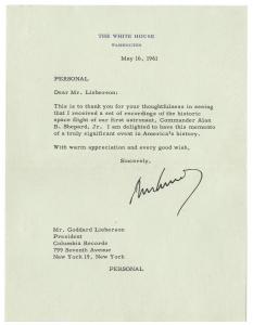 After Columbia Records sent JFK an audio recording of America’s first manned space flight with astronaut Alan Shepard, Kennedy signed a typed letter of thanks (as “John Kennedy”).