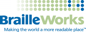 Braille Works logo with their tagline "Make the world a more readable place"