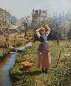 This vibrant oil on canvas painting by Daniel Ridgway Knight (American/Paris, 1839-1924), titled Lavandiere, rendered circa the 1880s, carries a pre-sale estimate of $20,000-$40,000.