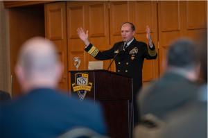 U.S. Navy Adm. Stuart B. Munsch, Commander, U.S. Naval Forces Europe Commander, addressed NPS international alumni.