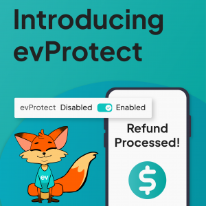 Image showing a mockup of the evProtect feature, next to a illustration of Evee, Eventeny's mascot.