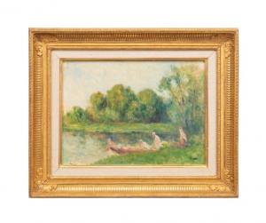 Oil on paper laid to canvas by Maximilien Luce (French, 1858-1941), titled Rolleboise Baigneuese (Rolleboise Bathers), signed and dated (1940) lower left and nicely framed (est. $4,000-$8,000).