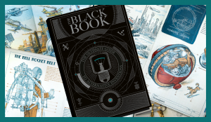 A large black book with unique designs across its cover and a blue border on the image.