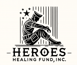 The image is a minimalist, black-and-white logo for Heroes Healing Fund, Inc. It features a simple line drawing of a figure, representing a veteran or first responder, in a reflective, seated pose. The figure is outlined in smooth black lines on a white b