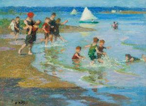 Oil on board by Edward Henry Potthast (American, 1857-1927), titled Children at Play on the Beach, artist signed ($187,500).