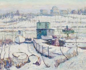 Oil on canvas by Ernest Lawson (American, 1873-1939), titled Boathouse, Winter, Harlem River (1918), 25 inches by 30 inches, artist signed and dated ($125,000).