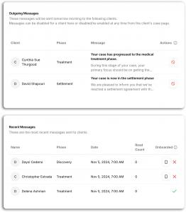 A screenshot of Quilia's interface showing outgoing and recent messages sent to clients, detailing automated messages sent at each case phase.