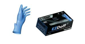 A glove and a box of EZDoff Examination Gloves with textured doffing aid.