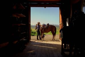 A woman at Siwash Lodge stands with her horse