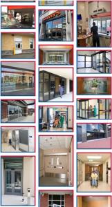 A variety of commercial door installations across different facilities and businesses