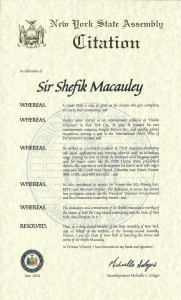 New York State Assembly - Citation Award - Sir Shefik Macauley - June 15, 2024