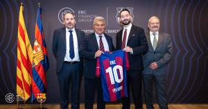 EBC Financial Group and FC Barcelona, alongside President Joan Laporta, celebrate the union of finance and football with a ceremonial jersey exchange.