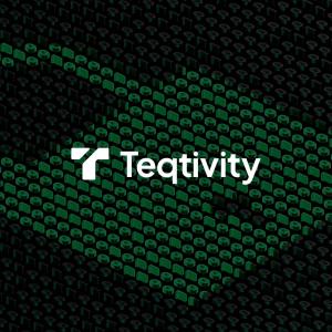 Teqtivity logo in white against a dark background with a diagonal pattern of green technology-inspired elements, suggesting IT infrastructure and security. The pattern consists of repeating circular and rectangular shapes creating a modern, digital aesthe