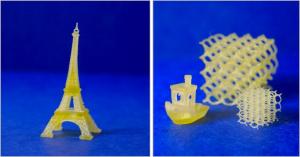 Images of small items produced using the bio-based recyclable resins.  Includes a small scale model of the Eiffel Tower