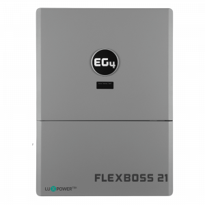 Front view of the FlexBOSS21 hybrid inverter, featuring a robust design for high photovoltaic input capacity and offering versatile energy solutions.