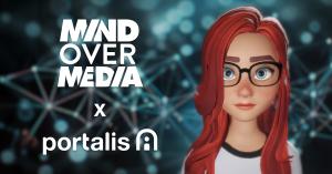 Image of friendly, red-haired, freckled face Avatar appears on a dark blue background with Mind Over Media and Portalis AI logos to her left.