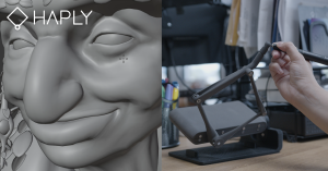 Close-up image of a digital sculpting scene. On the left, a detailed 3D model of a face is shown on a computer screen. On the right, a hand holds the stylus of the MinVerse 3D mouse by Haply Robotics, positioned to work on the model. 