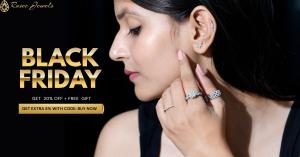 A woman showcasing multiple jewelry pieces, including rings and earrings, from Rosec Jewels. She is looking to the side, with her hand placed near her ear, highlighting the details of the jewelry. The text overlay reads "Black Friday - Get 20% Off + Free