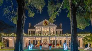 Explore Natchez’s historic homes, such as Linden shown here in this photo, transformed for the holiday season, where wreaths, garlands, and lights evoke the charm of Christmases past.