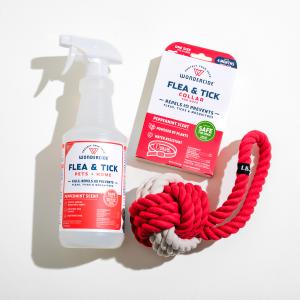 The Wondercide Peppermint Dog Kit offers a seasonal touch with a peppermint-scented Flea & Tick Collar, Flea & Tick Spray for pets and the home, and a peppermint-inspired dog toy as an added gift.