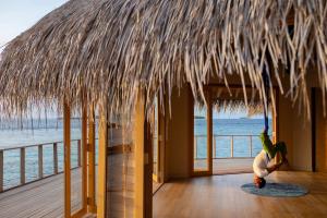 A serene open space with a thatched roof and wooden flooring, where a person perf