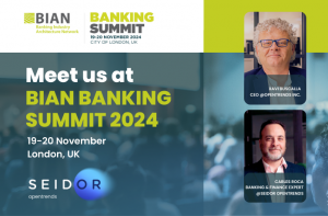 Promotional image for the BIAN Banking Summit 2024 featuring SEIDOR Opentrends