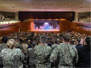 Former U.S. Ambassador to Russia, John J. Sullivan receives a standing ovation at the Naval Postgraduate School after his guest lecture on national security.