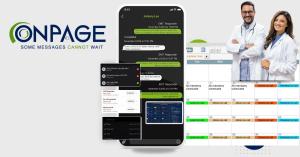 Visual representation of OnPage's CC&C solution featuring a smartphone app with real-time provider collaboration, message audit trails, an on-call schedule manager, and healthcare professionals showcasing streamlined communication workflows for critical m