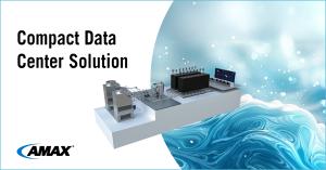  A visualization showcasing an advanced liquid-cooled data center setup, including cooling systems, server racks, and monitoring components, set against a water-inspired background.