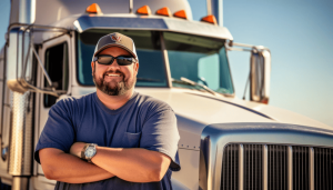 truck driver standing next to company owned truck