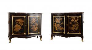 Pair of Arthur Brett & Sons (England, founded 1870) marble-top japanned black and gilt chinoiserie cabinets, which were apparently unmarked, featured a shaped top over two-door cabinets ($5,142).