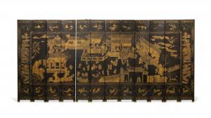 Chinese 12-panel coromandel lacquer floor screen with carved decoration on two sides, the front side depicting parcel-gilt pavilions and court scenes surrounded by exotic animals ($3,932).