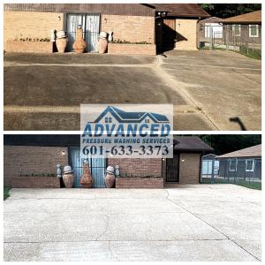 Before and after concrete pressure washing comparison showing dramatic transformation of dirty concrete driveway to clean bright surface by Advanced Pressure Washing Services, featuring decorative clay pots against brick building entrance