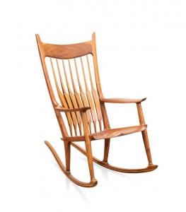 Walnut and mixed wood “His” rocking chair by Sam Maloof (American, 1916-2009), executed in 1988 and signed, dated and numbered 44 to the underside of the seat (est. $20,000-$25,000).