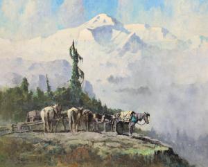 Impressionist oil on canvas board painting by Eustace Paul Ziegler (Alaska, 1881-1969), titled Resting Pack Horses & Mt. McKinley (1965), 20 inches by 24 inches est. ($10,000-$20,000).