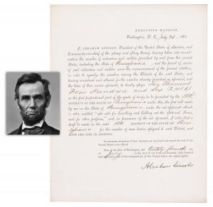 Draft call signed by President Abraham Lincoln in 1863 requesting the first part of a conscription quota from Pennsylvania three weeks after the Battle of Gettysburg (est. $15,000-$20,000).