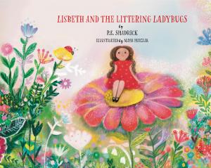 Book cover of Lisbeth wearing a red dress, sitting on a large pink flower , surrounded by more flowers and conversing with a ladybug