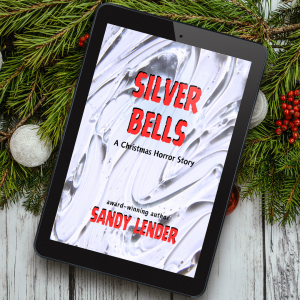 silvery book cover with haunting red text that reads Silver Bells set on a Christmasy background